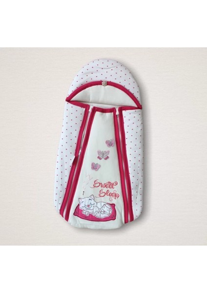 Yenidoğan Sevimli Uykucu Kedi Nakışlı Şapkalı Çift Fermuarlı Kız Bebek Kundak Bebek Battaniyesi Pembe