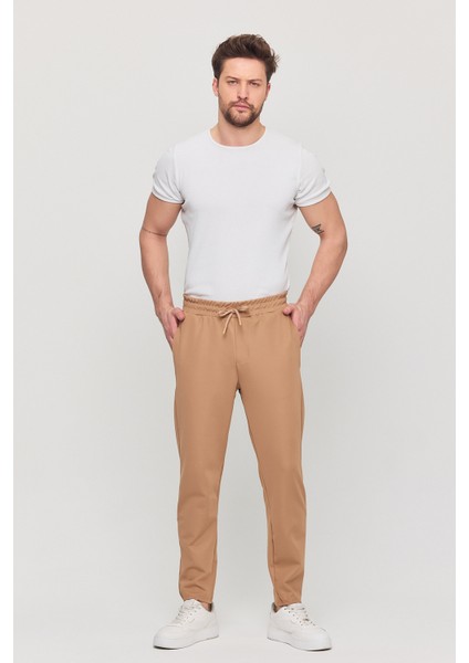 Erkek Slim Fit Beli Lastikli Ipli Fermuarlı Likralı Rahat Jogger Vizon Erkek Pantolon