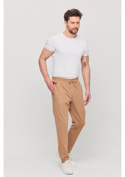 Erkek Slim Fit Beli Lastikli Ipli Fermuarlı Likralı Rahat Jogger Vizon Erkek Pantolon