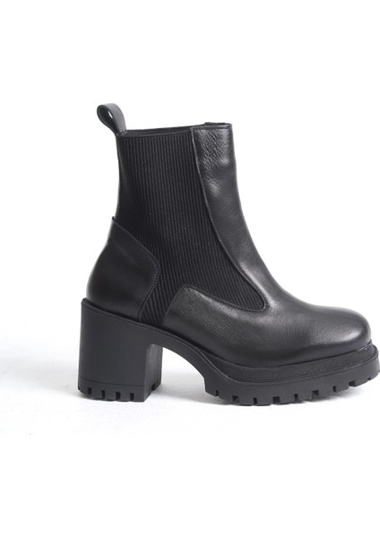 Janel Siyah Hakiki Deri Lastikli Kadın Bot