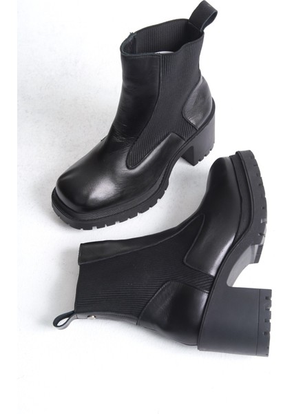 Janel Siyah Hakiki Deri Lastikli Kadın Bot modelleri