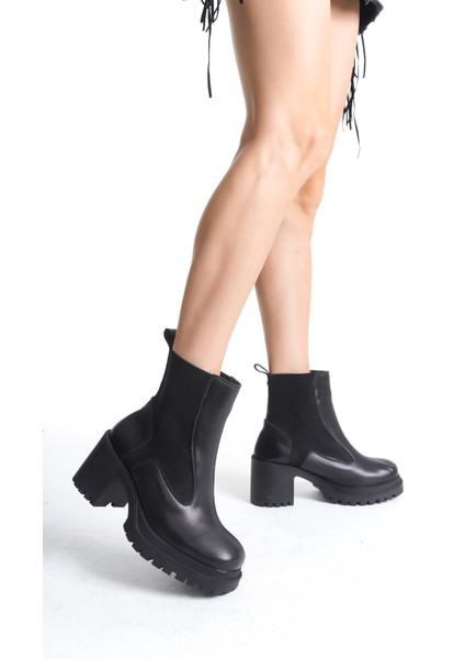 Janel Siyah Hakiki Deri Lastikli Kadın Bot