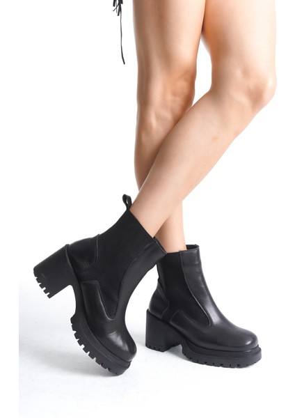 Janel Siyah Hakiki Deri Lastikli Kadın Bot