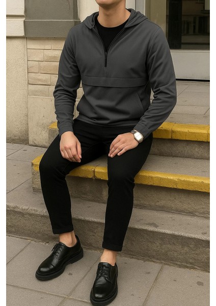 Erkek Fermuarlı Astarsız Kanguru Cep Füme Yağmurluk fırsatları