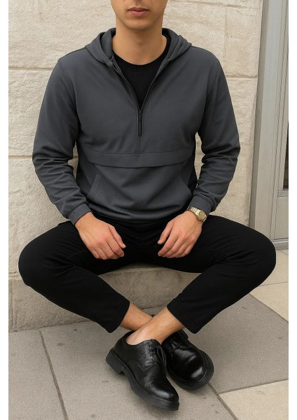 Erkek Fermuarlı Astarsız Kanguru Cep Füme Yağmurluk indirimleri