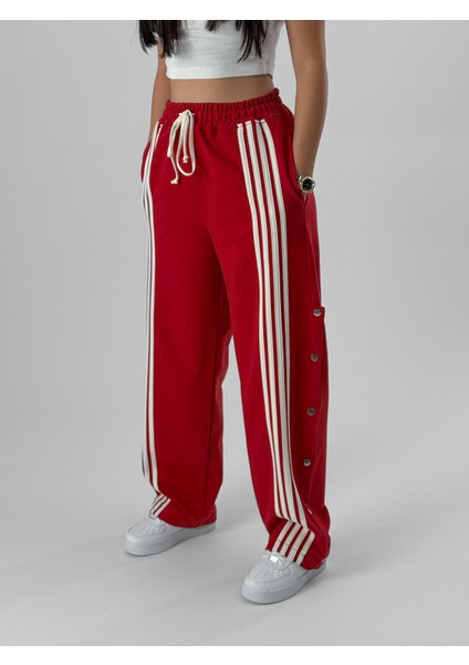 Kadın Şeritli Kırmızı Baggy Pantolon COC1080