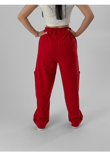 Kadın Şeritli Kırmızı Baggy Pantolon COC1080 fırsatları
