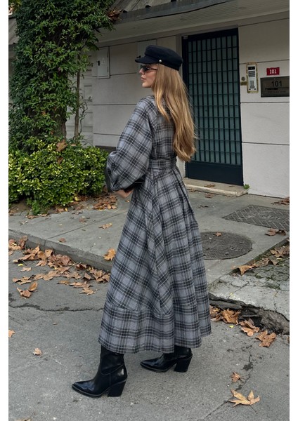 Gri Ekoseli Kuşaklı Uzun Elbise - 1235 modelleri