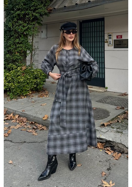 Gri Ekoseli Kuşaklı Uzun Elbise - 1235 fırsatları