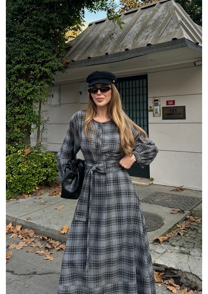 Gri Ekoseli Kuşaklı Uzun Elbise - 1235 indirimleri