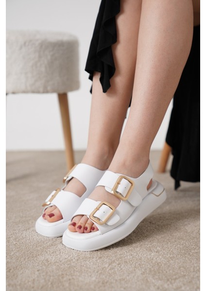 Eva Beyaz Cilt Hakiki Deri Kadın Sandalet