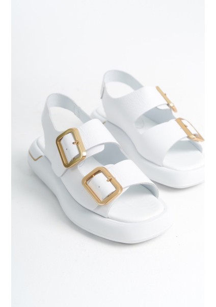 Eva Beyaz Cilt Hakiki Deri Kadın Sandalet