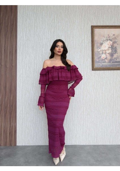 Madonna Yaka Fırfır Dantelli Midi Elbise