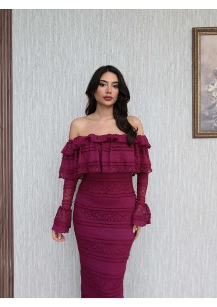 Madonna Yaka Fırfır Dantelli Midi Elbise fiyatları