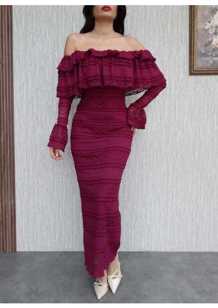 Madonna Yaka Fırfır Dantelli Midi Elbise modelleri