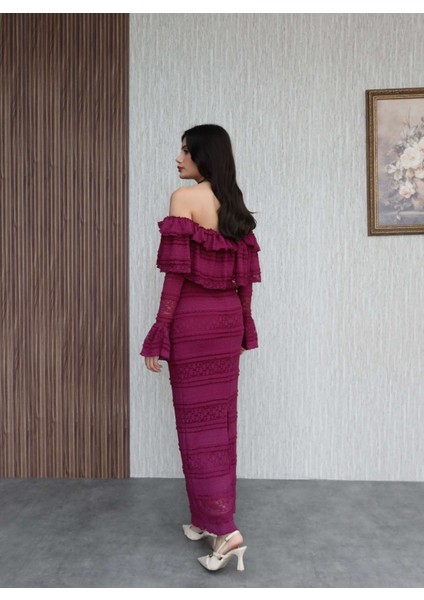 Madonna Yaka Fırfır Dantelli Midi Elbise indirimleri