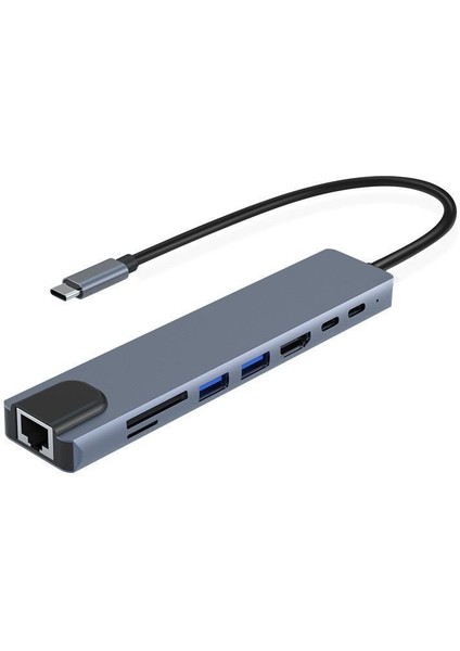 8 In 1 Type-C Çıkışlı Çoklu Çevirici Adaptör Ethernet HDMI USB Çoklayıcı Sd Tf Kart Okuyucu USB Hub