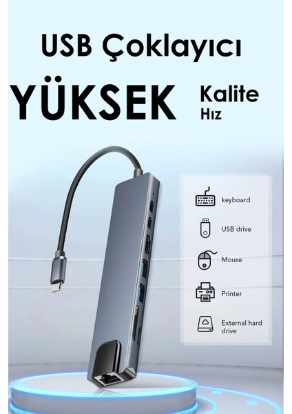 8 In 1 Type-C Çıkışlı Çoklu Çevirici Adaptör Ethernet HDMI USB Çoklayıcı Sd Tf Kart Okuyucu USB Hub indirimleri