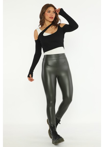 Geniş Düz Kemerli Şardonlu Haki Parlak Deri Tayt