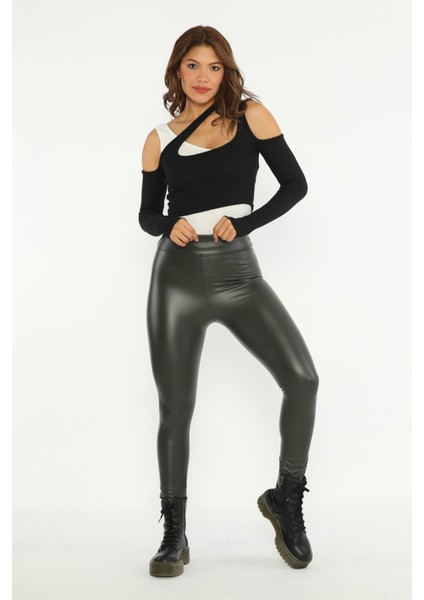 Geniş Düz Kemerli Şardonlu Haki Parlak Deri Tayt fiyatları