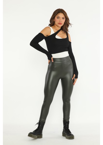 Geniş Düz Kemerli Şardonlu Haki Parlak Deri Tayt modelleri