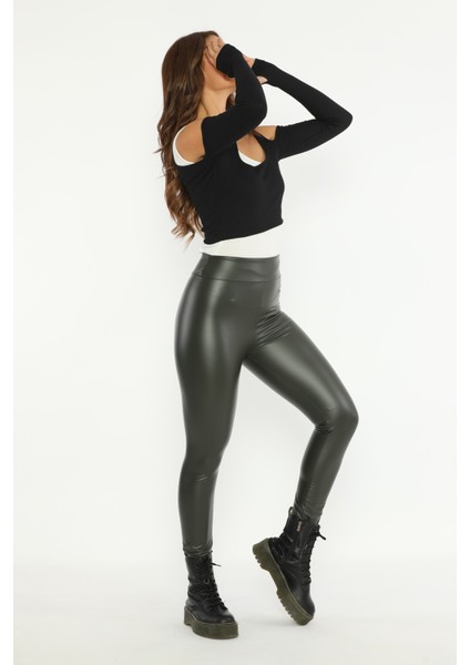 Geniş Düz Kemerli Şardonlu Haki Parlak Deri Tayt fırsatları