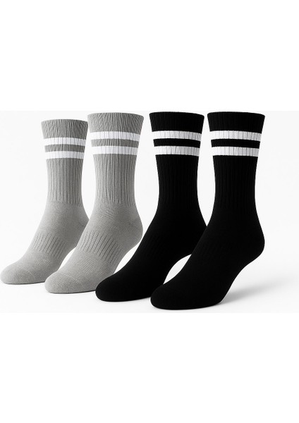 Erkek Spor Çorap 2’lü Set – Pamuklu, Esnek, Çizgili Model (Siyah Gri)