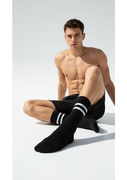 Erkek Spor Çorap 2’lü Set – Pamuklu, Esnek, Çizgili Model (Siyah Gri) modelleri