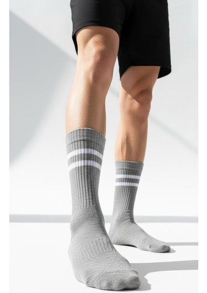 Erkek Spor Çorap 2’lü Set – Pamuklu, Esnek, Çizgili Model (Siyah Gri)