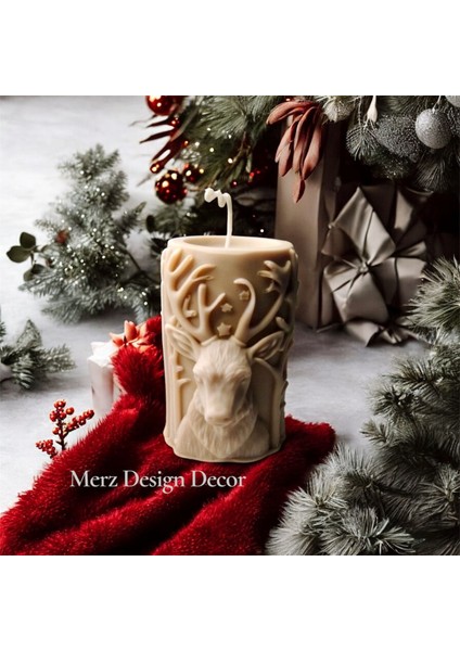 Dekoratif Yılbaşı Geyik Temalı Kabartmalı Silindir %100 Doğal Vegan Soya Wax Mum fiyatları
