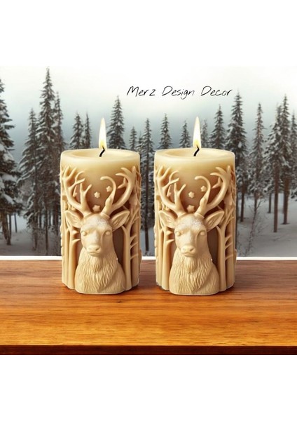 Dekoratif Yılbaşı Geyik Temalı Kabartmalı Silindir %100 Doğal Vegan Soya Wax Mum modelleri