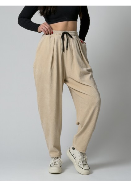 Bej Pileli Kadın Jogger Pantolon COC2561