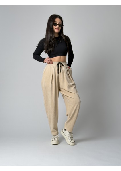 Bej Pileli Kadın Jogger Pantolon COC2561 fiyatları