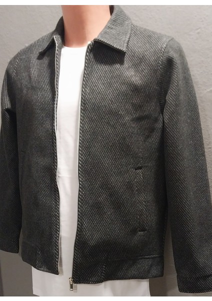 Erkek Regular Fit Çizgi Desenli Yakalı Üst Kalite Kaşe Mont