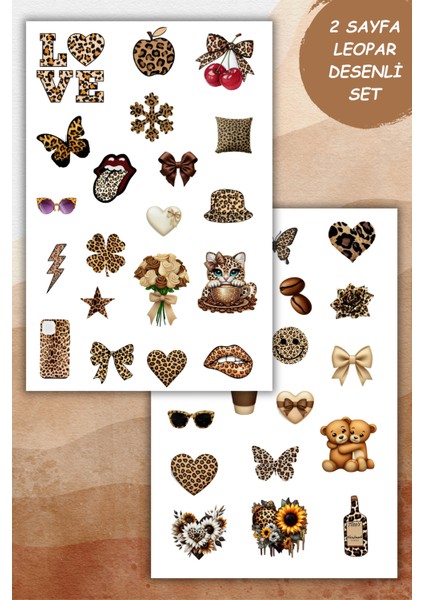 2 Sayfa Kahverengi-Leopar Sticker Set Planner Ajanda Bullet Journal Için Uygun Set