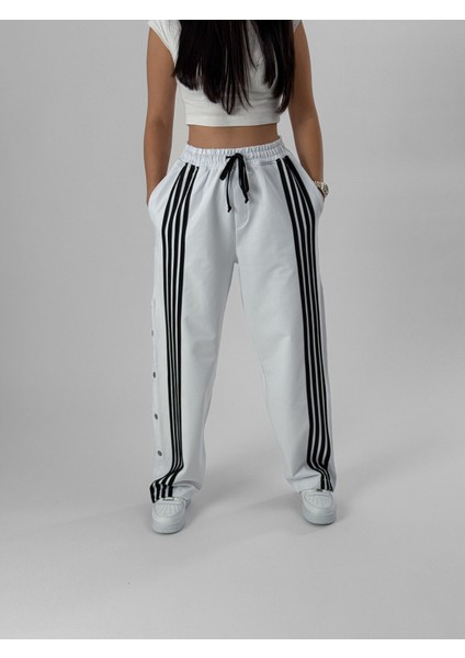 Kadın Şeritli Beyaz Baggy Pantolon COC1081