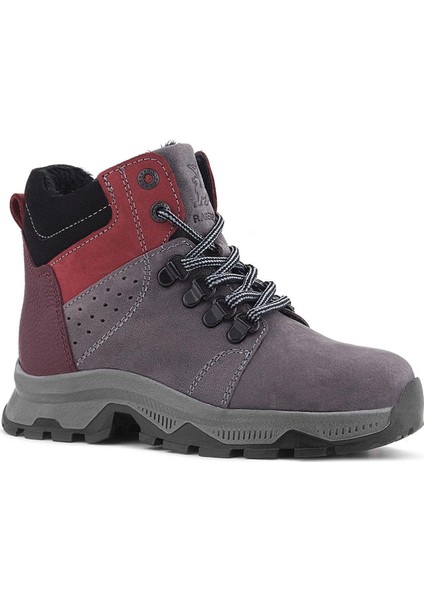 Hakiki Deri Gri Bordo Fermuarlı Trekking Çocuk Bot