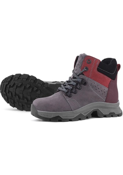 Hakiki Deri Gri Bordo Fermuarlı Trekking Çocuk Bot