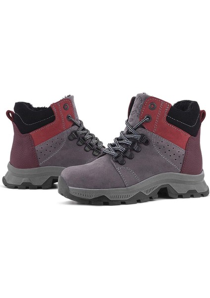 Hakiki Deri Gri Bordo Fermuarlı Trekking Çocuk Bot
