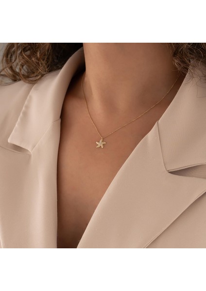 Taşlı Deniz Yıldızı 14 Ayar Altın Kolye