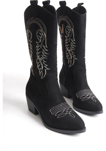 Kadın Siyah Süet Nakışlı Fermuarlı Kovboy Çizme