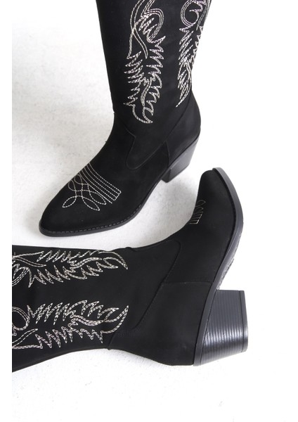 Kadın Siyah Süet Nakışlı Fermuarlı Kovboy Çizme fiyatları