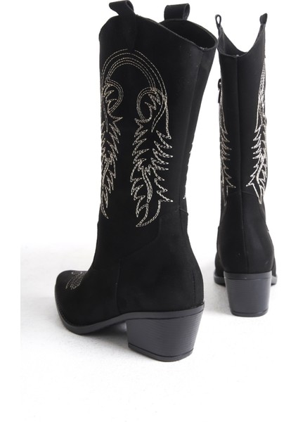 Kadın Siyah Süet Nakışlı Fermuarlı Kovboy Çizme modelleri