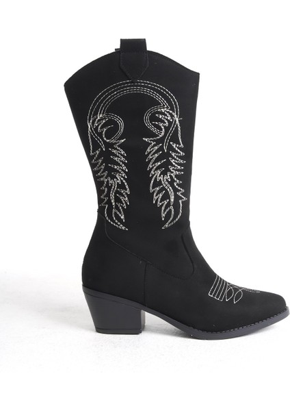 Kadın Siyah Süet Nakışlı Fermuarlı Kovboy Çizme fırsatları