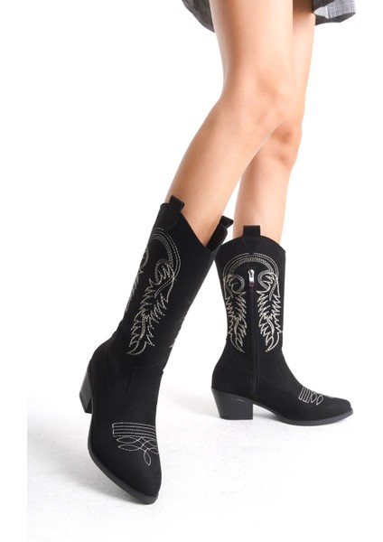 Kadın Siyah Süet Nakışlı Fermuarlı Kovboy Çizme