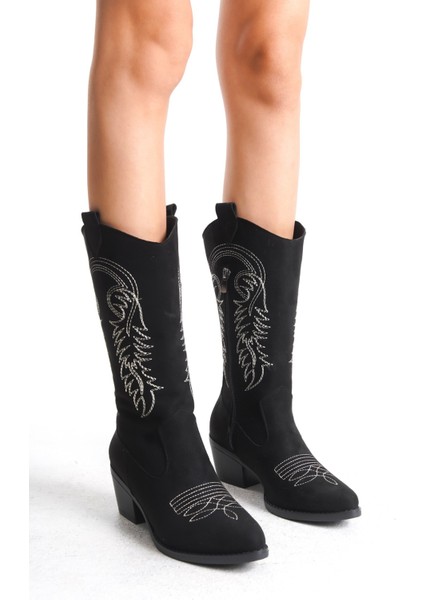 Kadın Siyah Süet Nakışlı Fermuarlı Kovboy Çizme