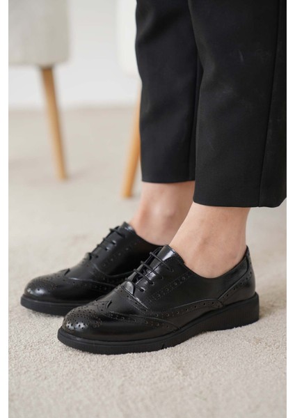 Kadın Siyah Cilt Hakiki Doğal Deri Oxford Ayakkabı