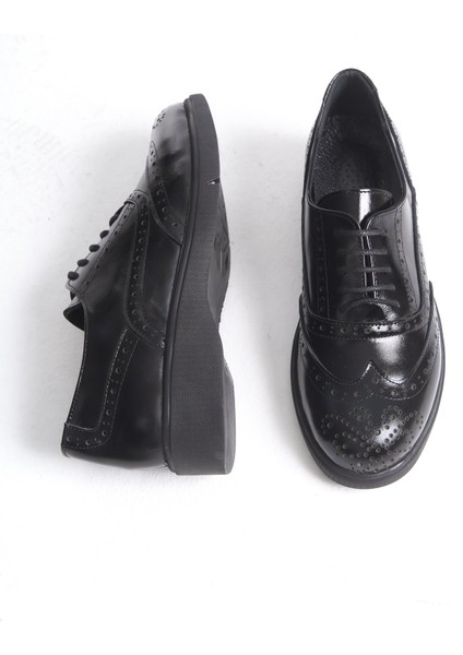 Kadın Siyah Cilt Hakiki Doğal Deri Oxford Ayakkabı