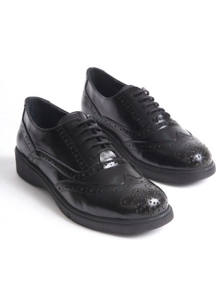 Kadın Siyah Cilt Hakiki Doğal Deri Oxford Ayakkabı