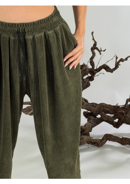 Yeşil Kadife Pileli Kadın Jogger Pantolon COC1058 indirimleri